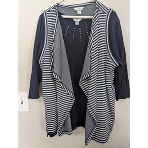 Women's plus size navy shirt with striped swing vest.